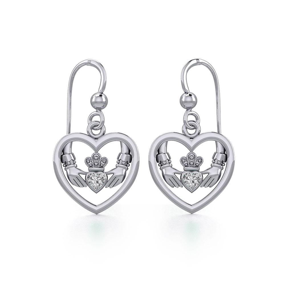 Heart Claddagh with Celtic Trinity Knot Sterling Silver Earrings with Gemstone TER1882