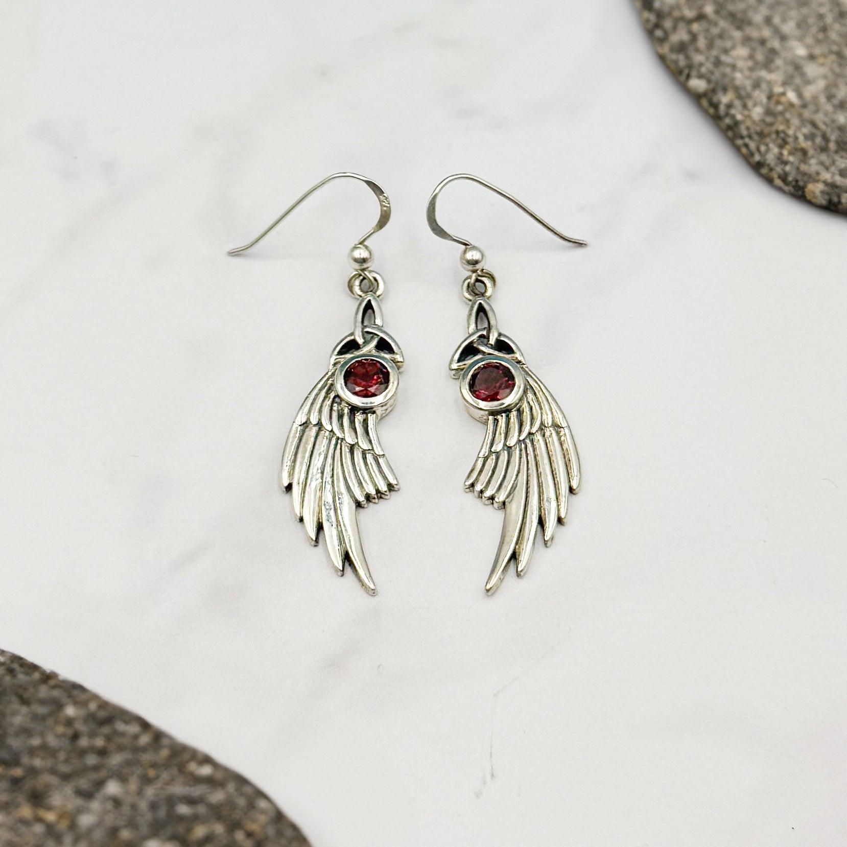 Celtic Trinity Knot Angel Wing Silver Earrings with Round Gemstone TER1926