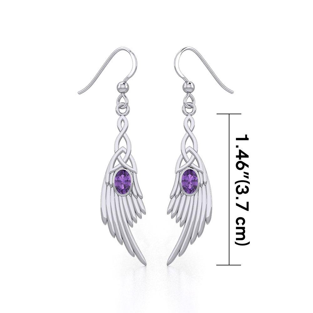 Celtic Knot Angel Wing Silver Earrings with Oval Gemstone TER1927