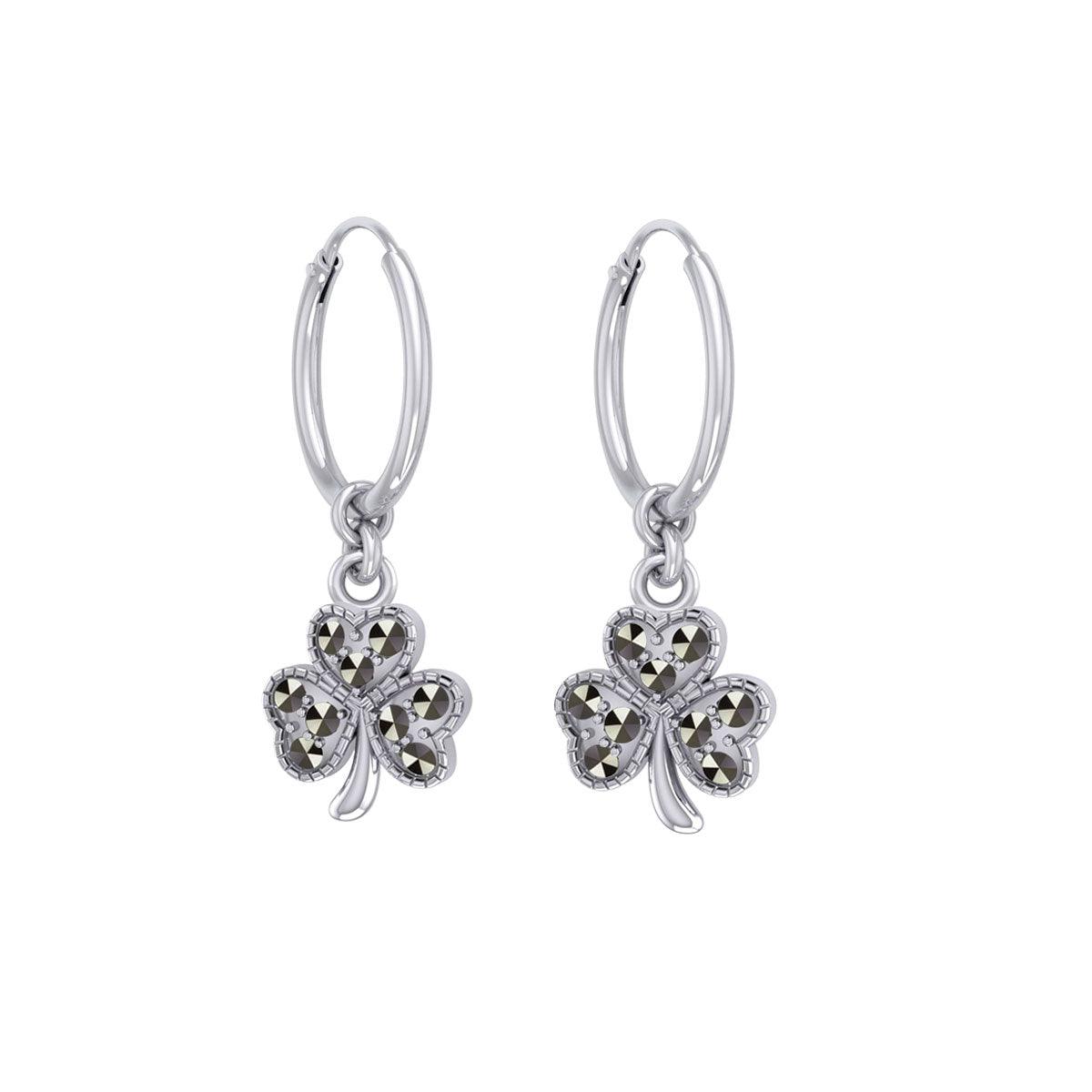 Celtic Shamrock Sterling Silver Hoop Earrings with Marcasite TER2108