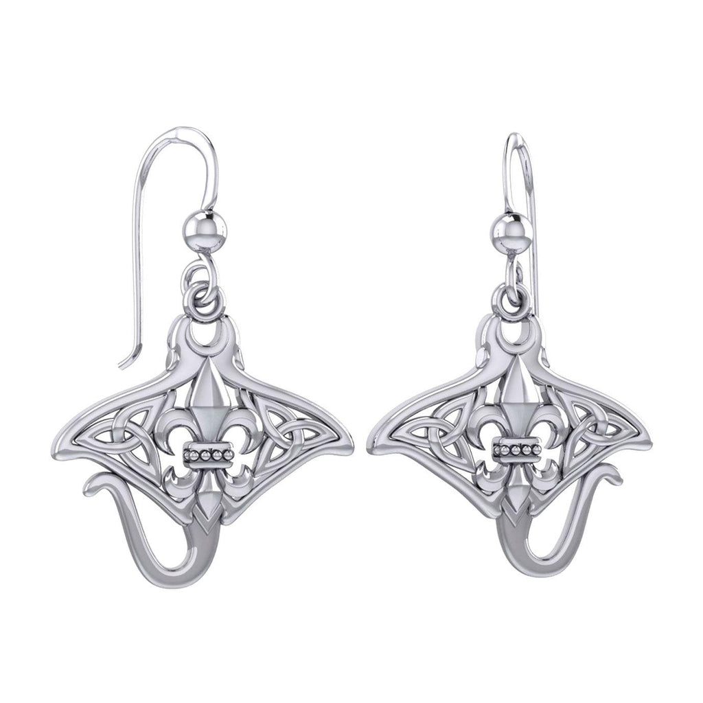 Celtic Manta Ray with Fleur De Lis Symbol Silver Earrings TER2166