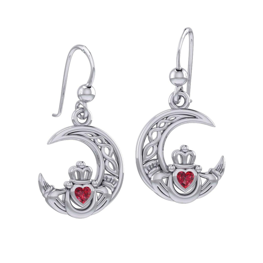 Claddagh on Celtic Moon Sterling Silver Earrings with Heart Gemstone TER2173