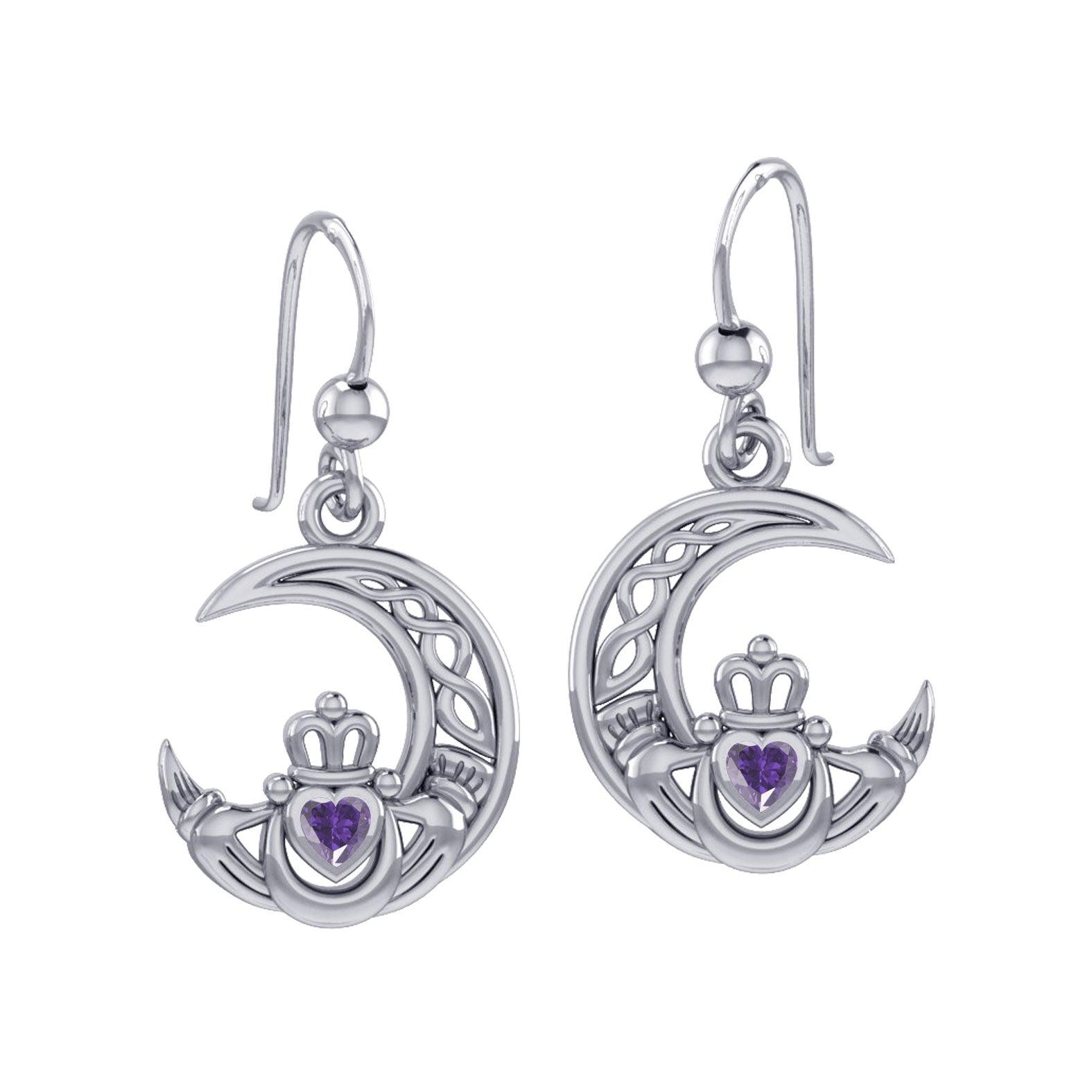 Claddagh on Celtic Moon Sterling Silver Earrings with Heart Gemstone TER2173