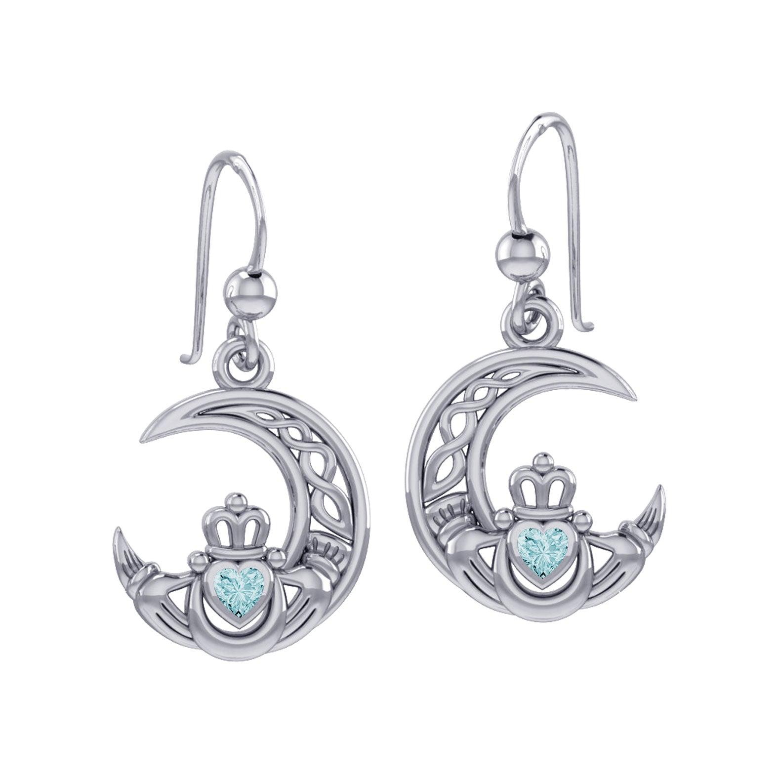 Claddagh on Celtic Moon Sterling Silver Earrings with Heart Gemstone TER2173