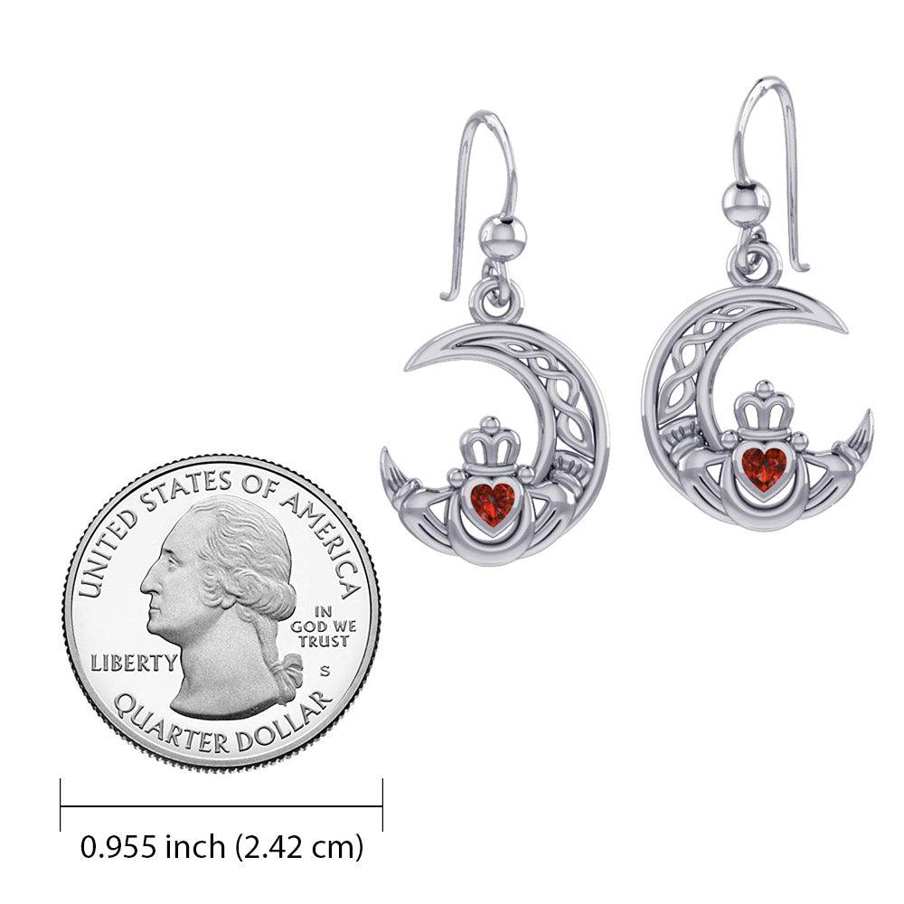 Claddagh on Celtic Moon Sterling Silver Earrings with Heart Gemstone TER2173