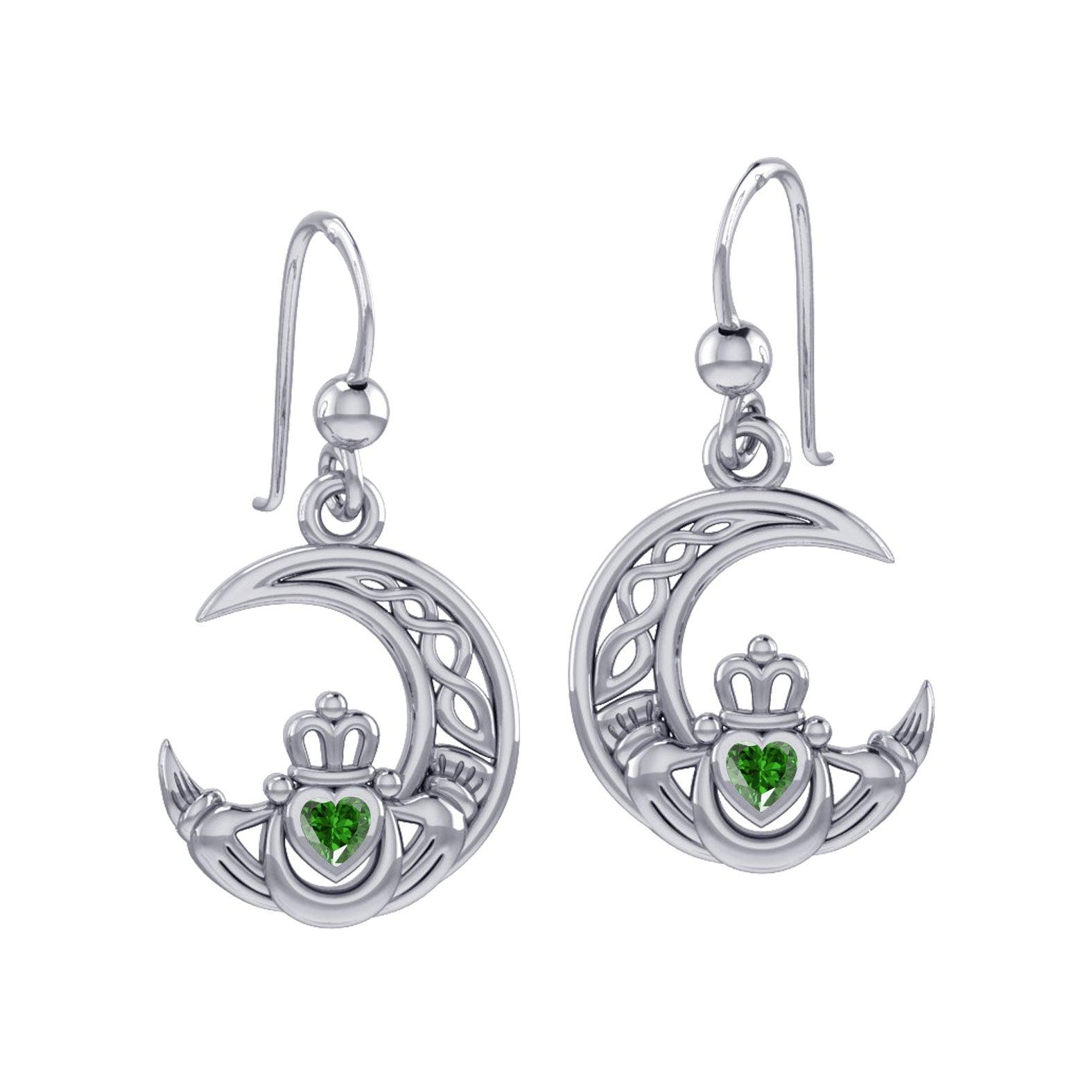 Claddagh on Celtic Moon Sterling Silver Earrings with Heart Gemstone TER2173