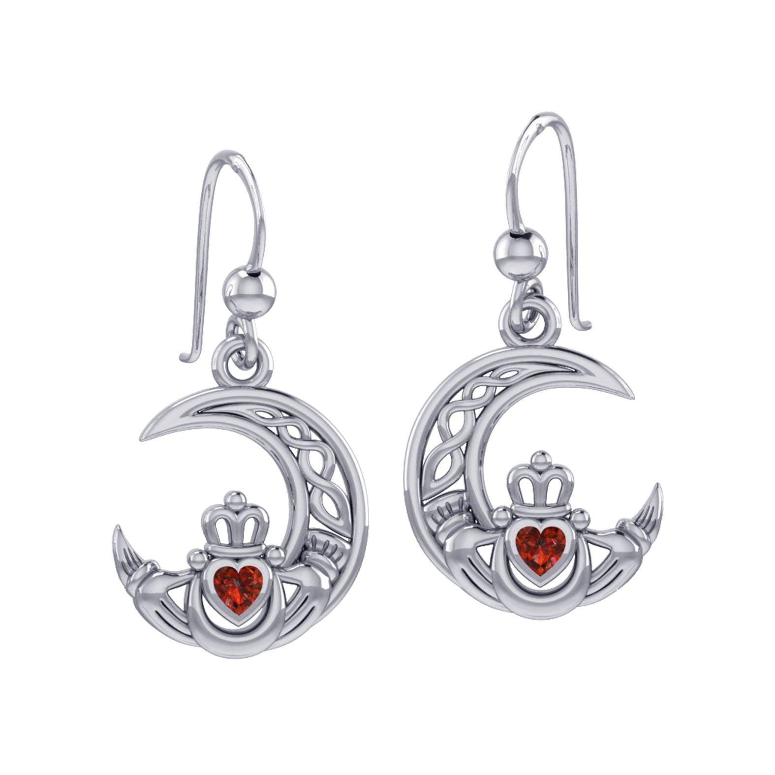 Claddagh on Celtic Moon Sterling Silver Earrings with Heart Gemstone TER2173