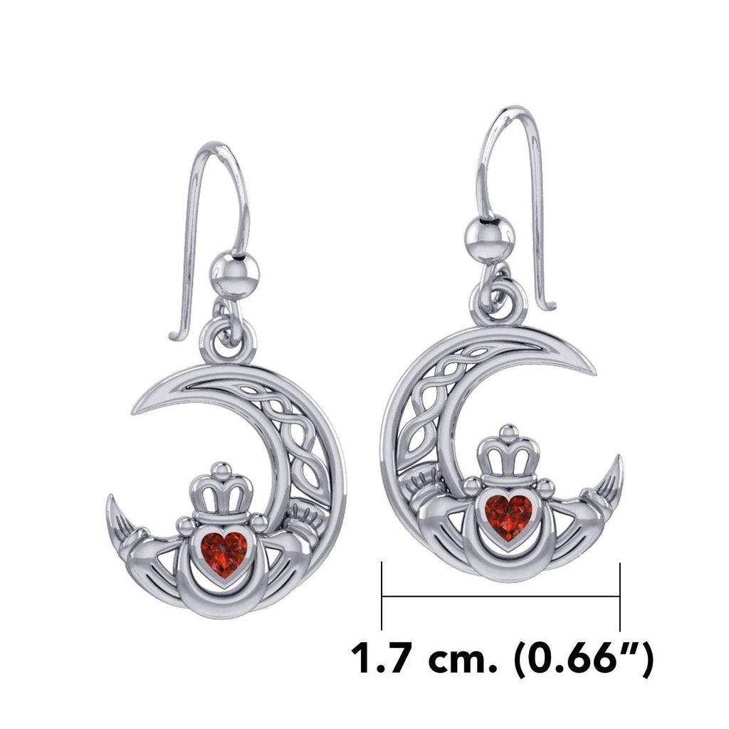Claddagh on Celtic Moon Sterling Silver Earrings with Heart Gemstone TER2173