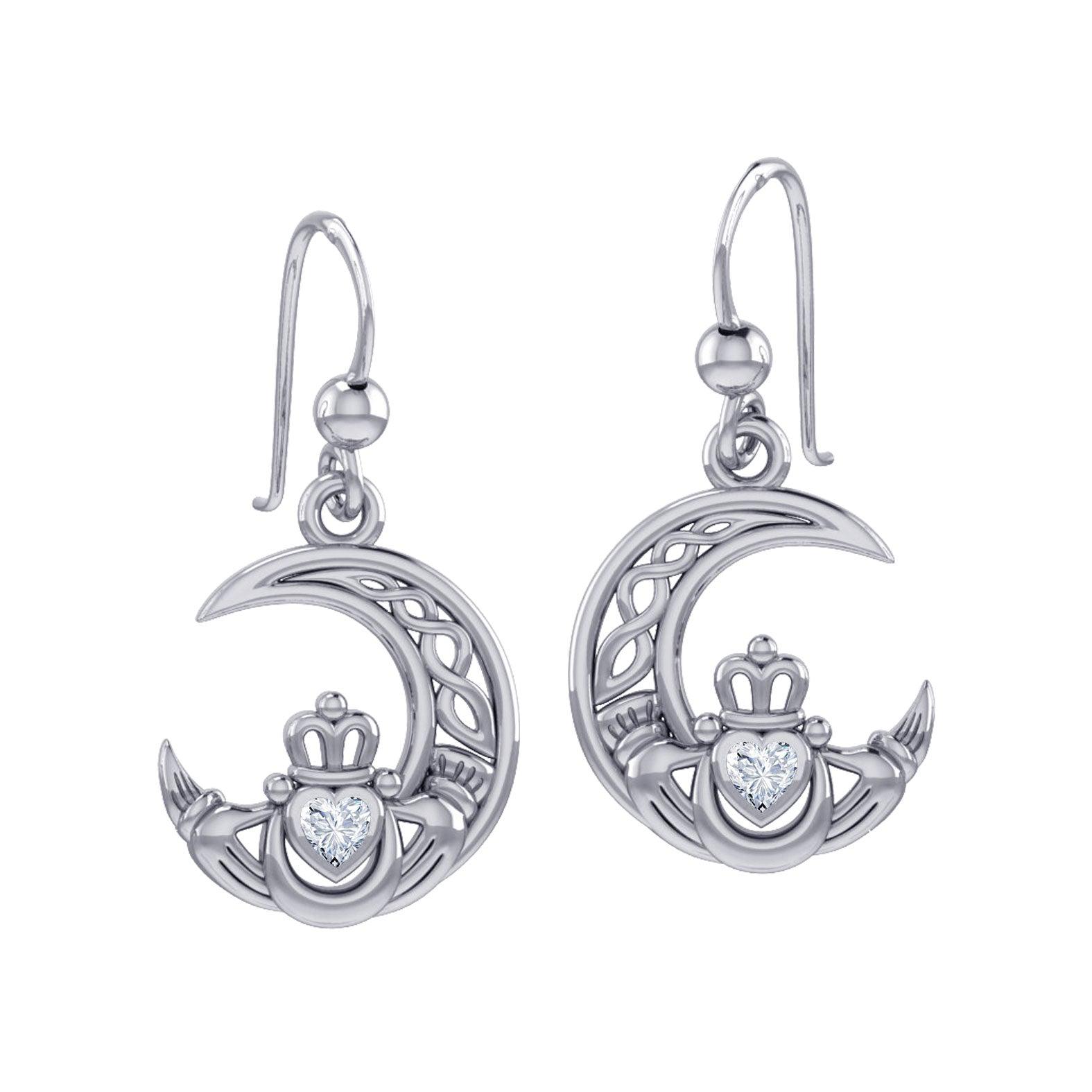 Claddagh on Celtic Moon Sterling Silver Earrings with Heart Gemstone TER2173