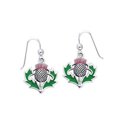 Celtic Alba Thistle ~ Sterling Silver Hook Earrings with Green and Purple Enamel TER486 | Earrings | Wiccan Center