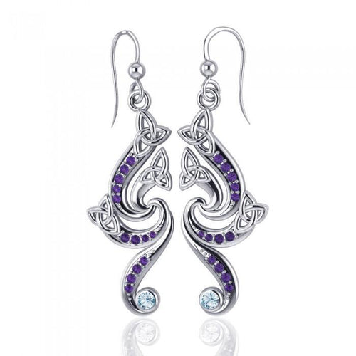 A grand unity in full symbolism ~ Celtic Triquetra Sterling Silver Dangle Earrings with Gemstones TER569 | Earrings | Wiccan Center
