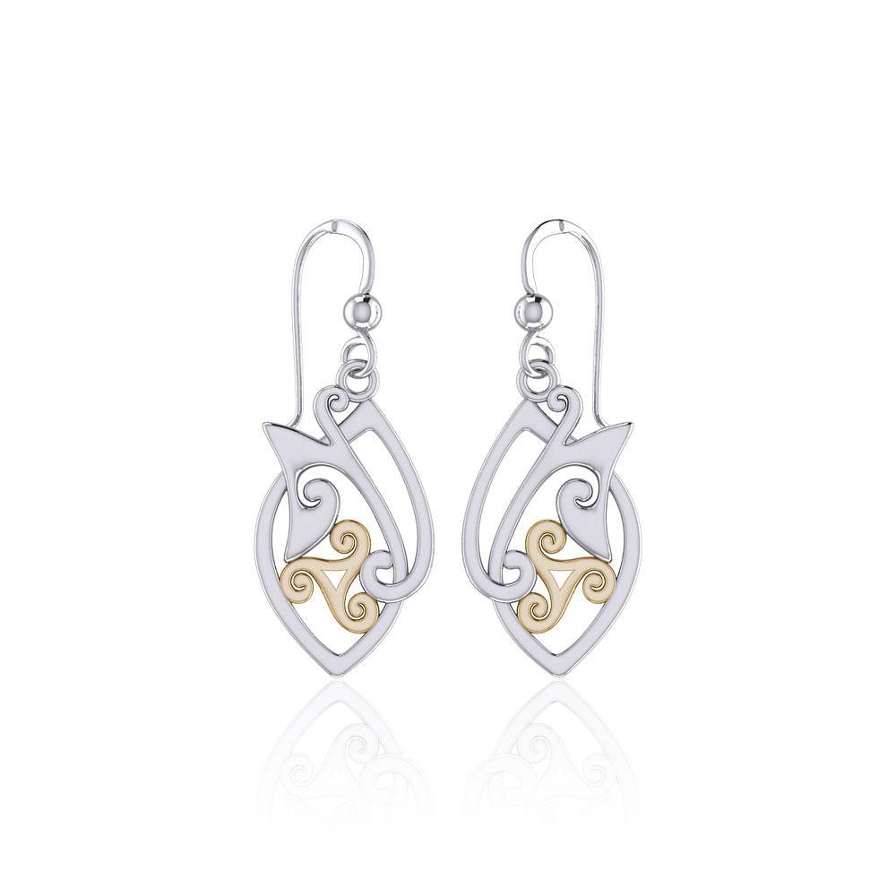 Modern Celtic Triskele Silver and 14K Gold Accent Earrings TEV2071