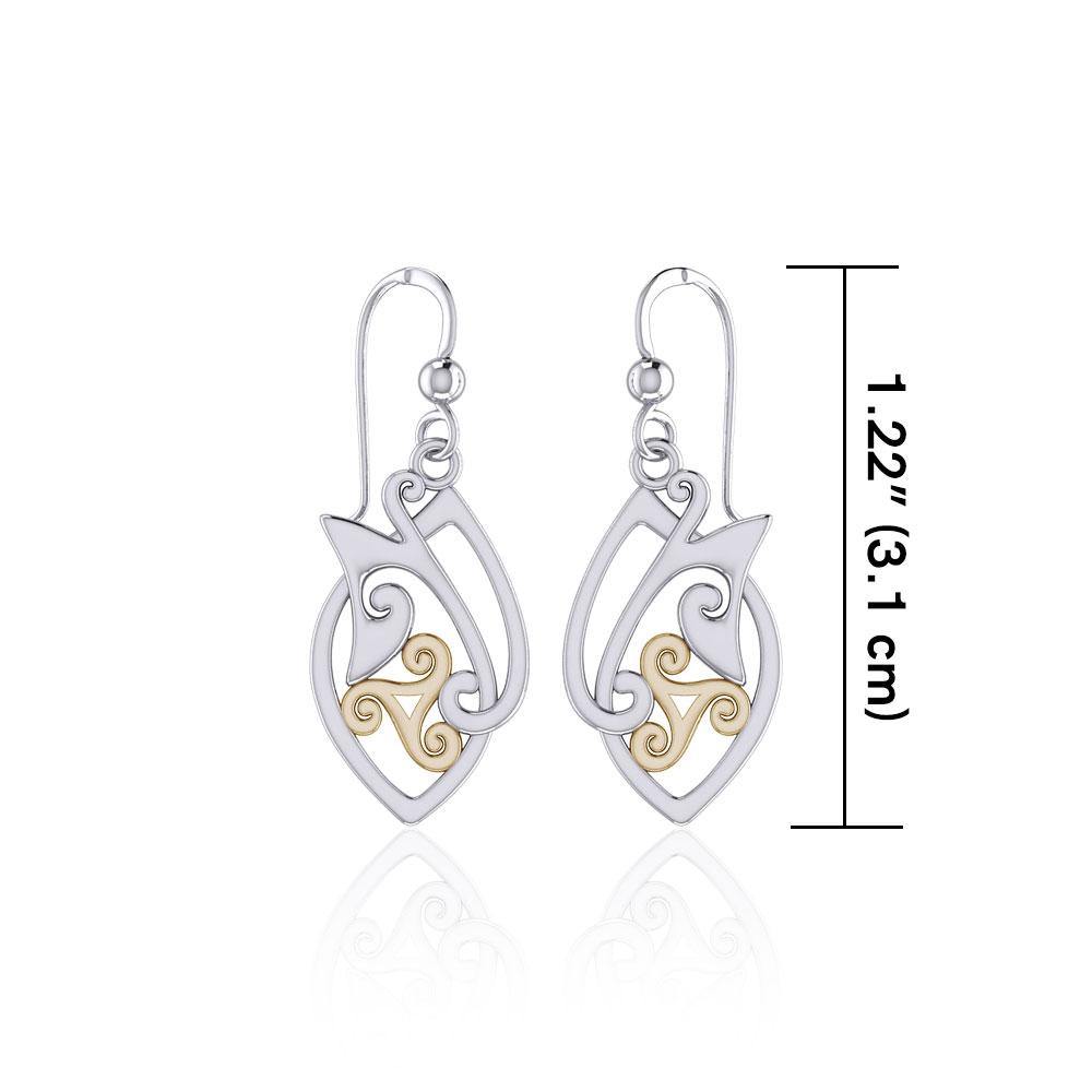 Modern Celtic Triskele Silver and 14K Gold Accent Earrings TEV2071