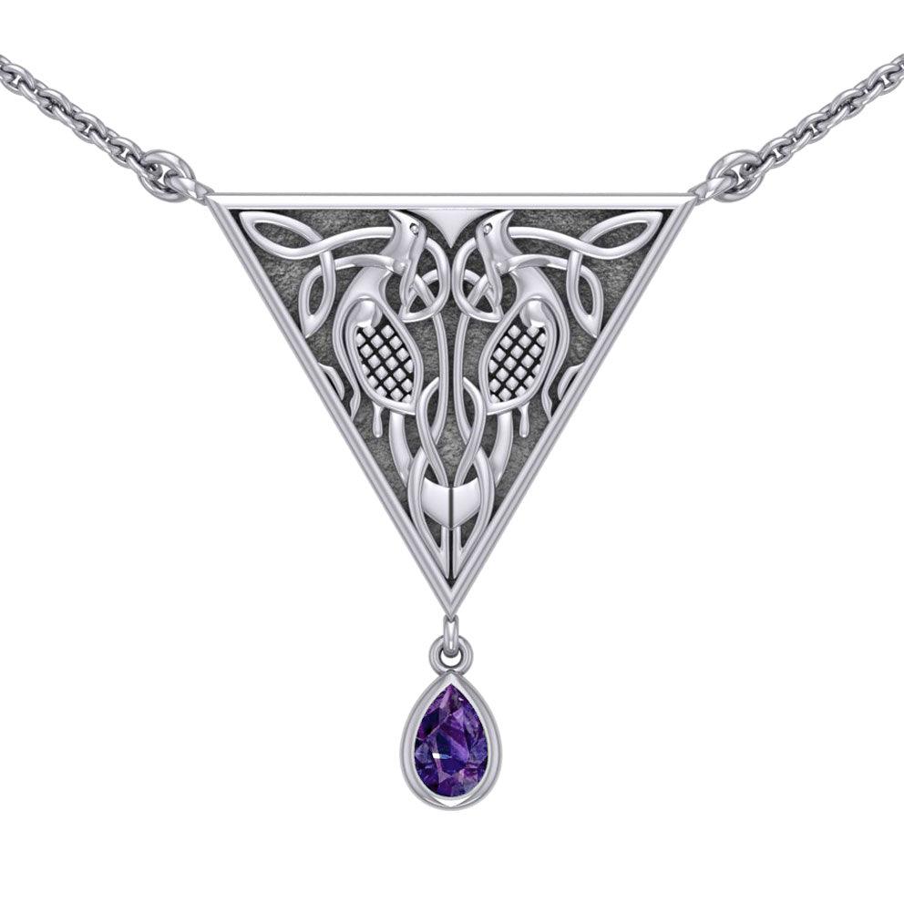 Celtic Knotwork Bird Sterling Silver Necklace With Gemstone TN053