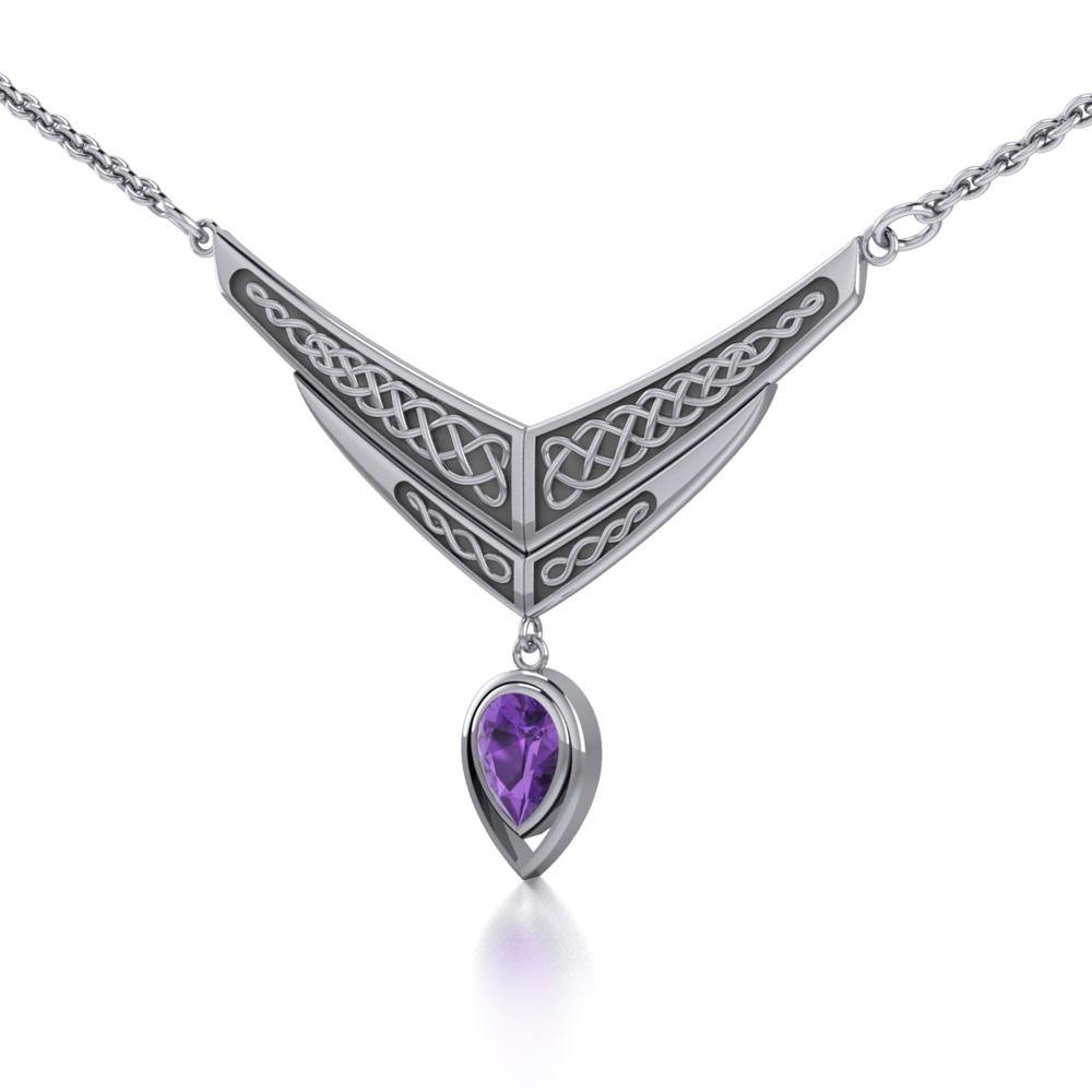 Celtic Knotwork Sterling Silver Necklace with Dangle Gemstone TN214