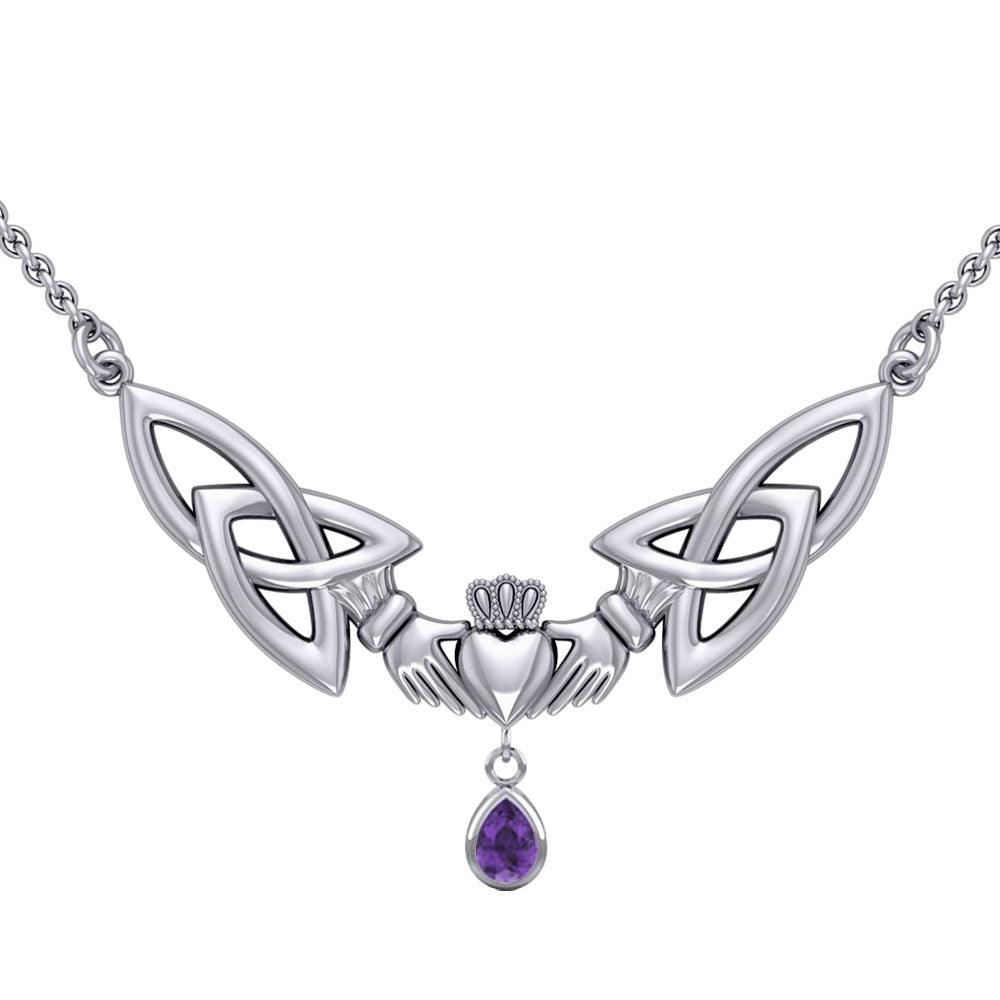 A love in full extent ~ Celtic Knotwork Claddagh Sterling Silver Necklace with Gemstone TN260