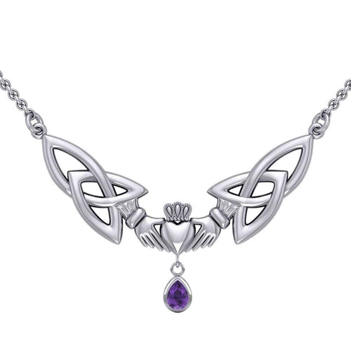 A love in full extent ~ Celtic Knotwork Claddagh Sterling Silver Necklace with Gemstone TN260 | Necklace | Wiccan Center
