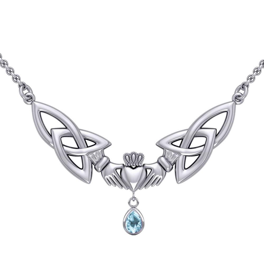 A love in full extent ~ Celtic Knotwork Claddagh Sterling Silver Necklace with Gemstone TN260