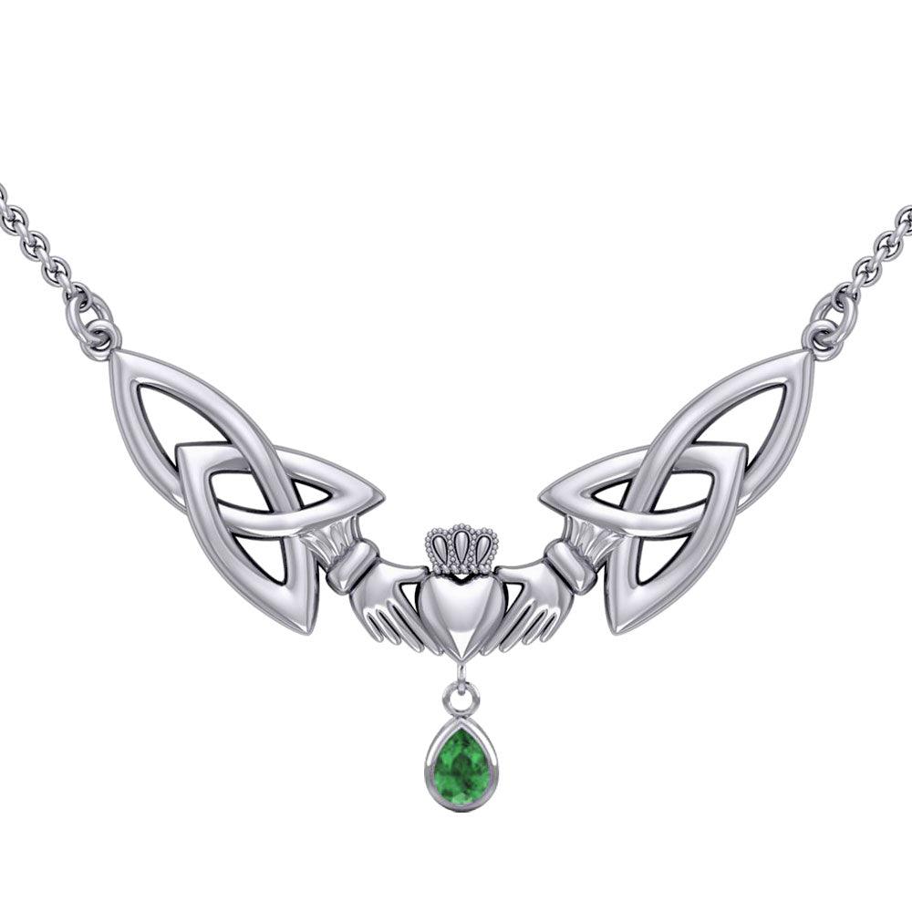 A love in full extent ~ Celtic Knotwork Claddagh Sterling Silver Necklace with Gemstone TN260