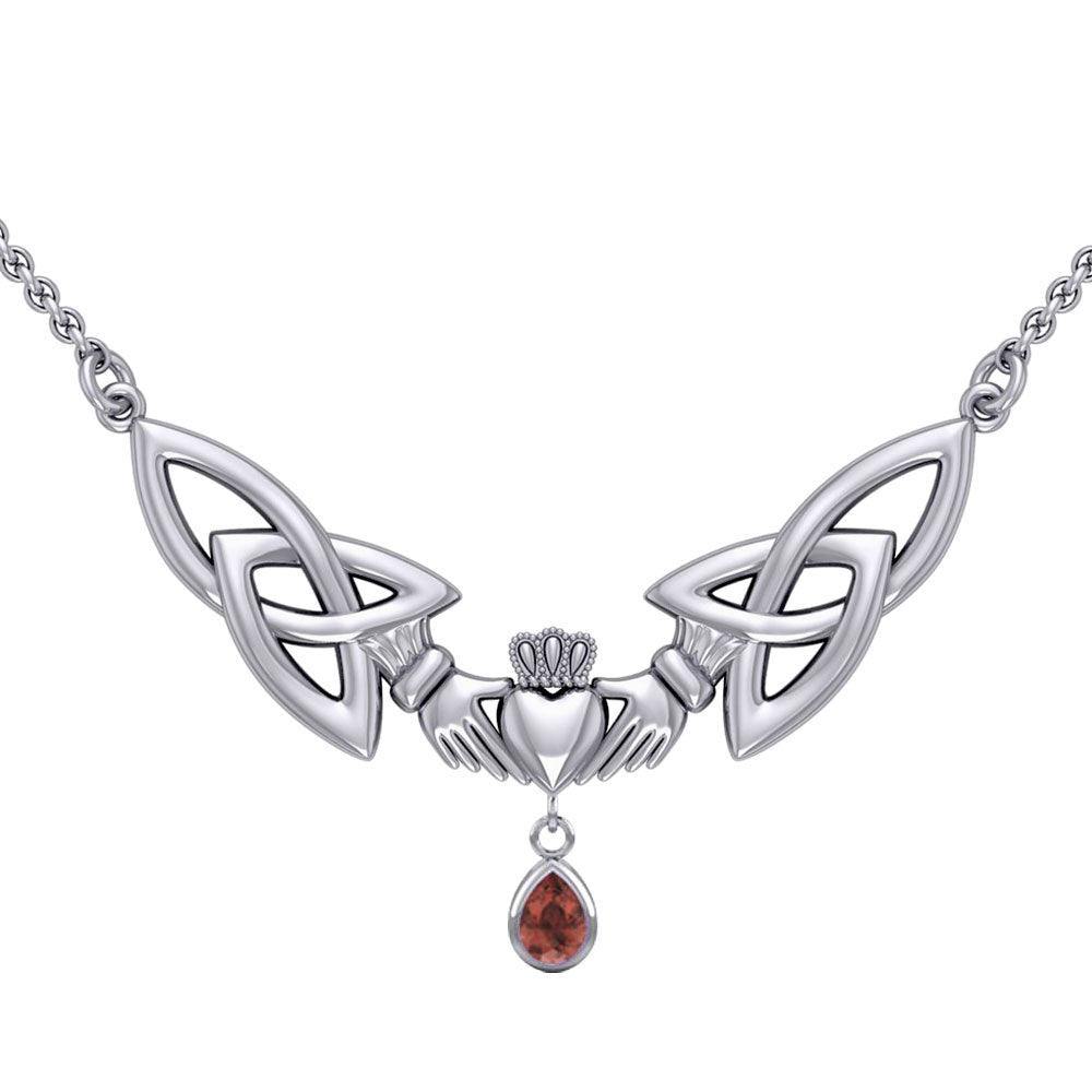 A love in full extent ~ Celtic Knotwork Claddagh Sterling Silver Necklace with Gemstone TN260