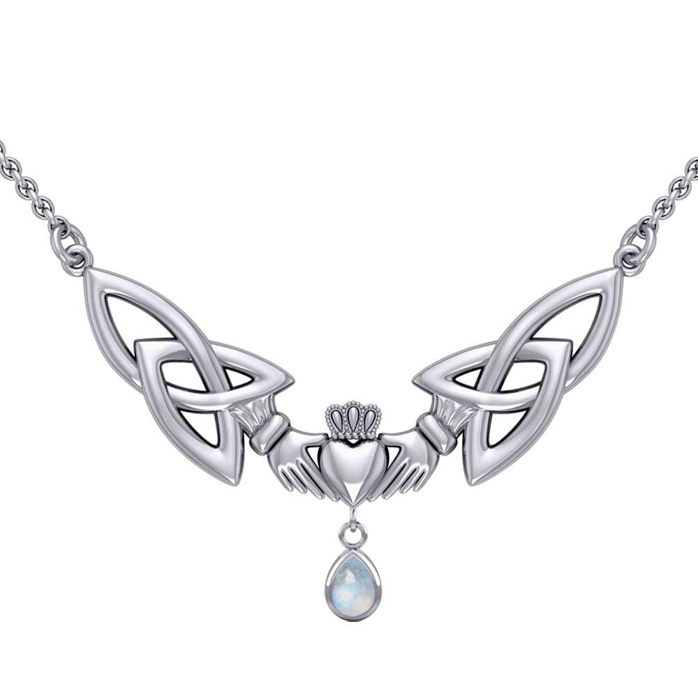 A love in full extent ~ Celtic Knotwork Claddagh Sterling Silver Necklace with Gemstone TN260