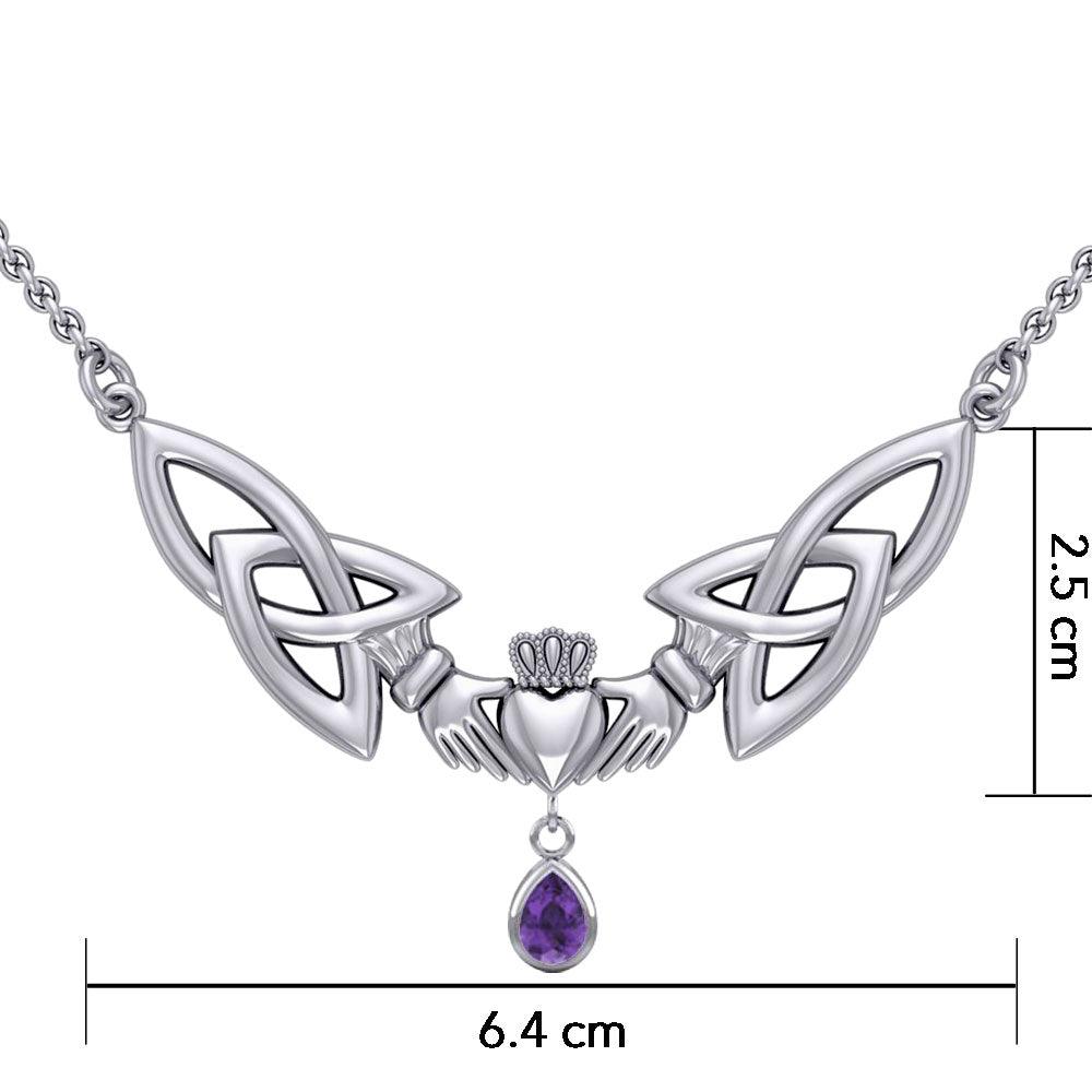 A love in full extent ~ Celtic Knotwork Claddagh Sterling Silver Necklace with Gemstone TN260