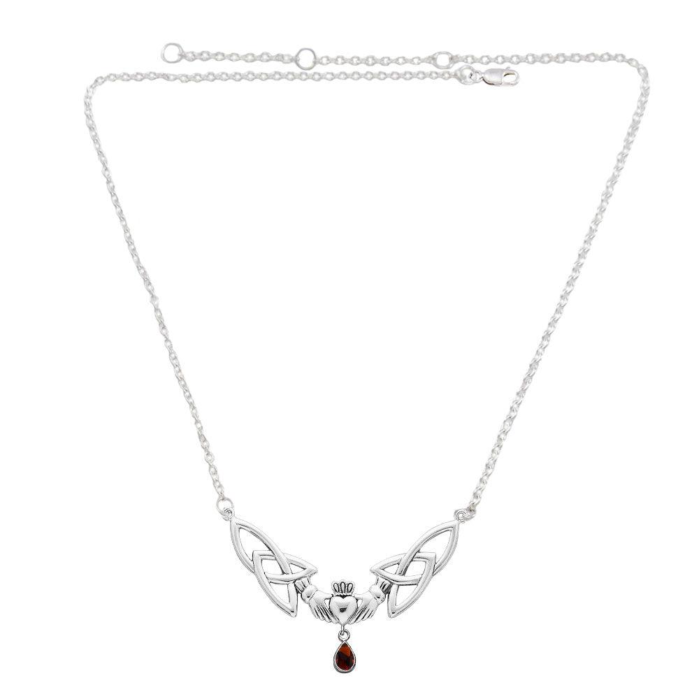 A love in full extent ~ Celtic Knotwork Claddagh Sterling Silver Necklace with Gemstone TN260