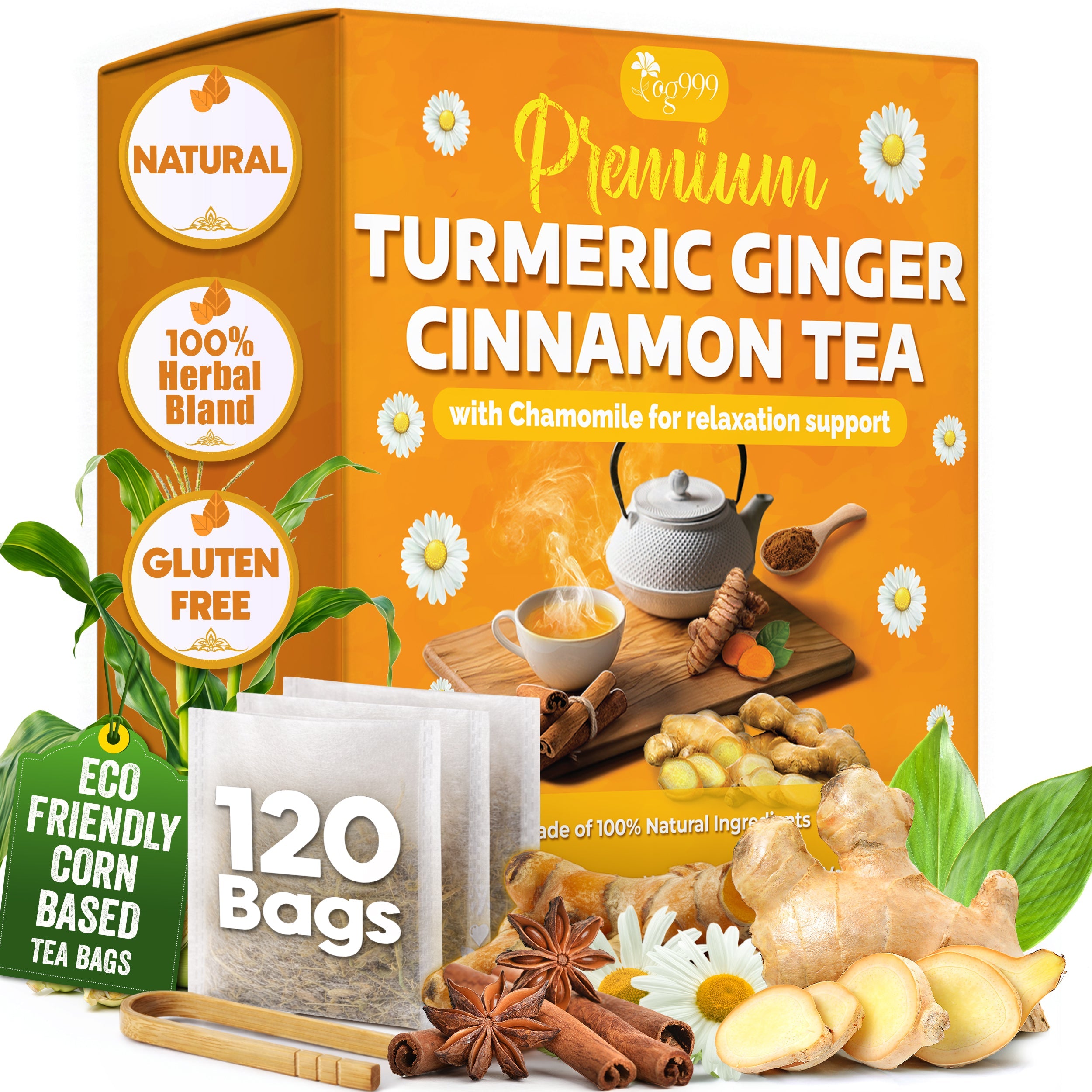 Premium Turmeric, Ginger, Cinnamon & Chamomile Flowers Tea | Improve Digestion, Support Brain, Weight, Skin and Sleep, Eco-Conscious Tea Bags | Tea | Wiccan Center