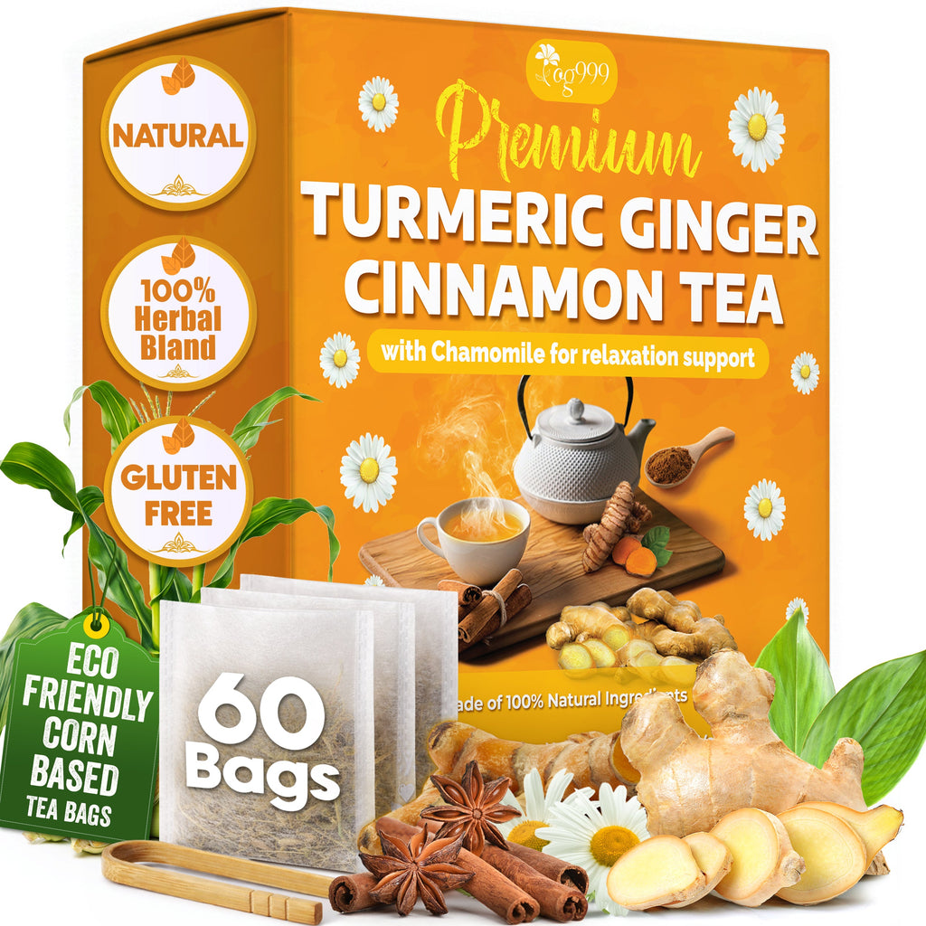 Premium Turmeric, Ginger, Cinnamon & Chamomile Flowers Tea | Improve Digestion, Support Brain, Weight, Skin and Sleep, Eco-Conscious Tea Bags | Tea | Wiccan Center