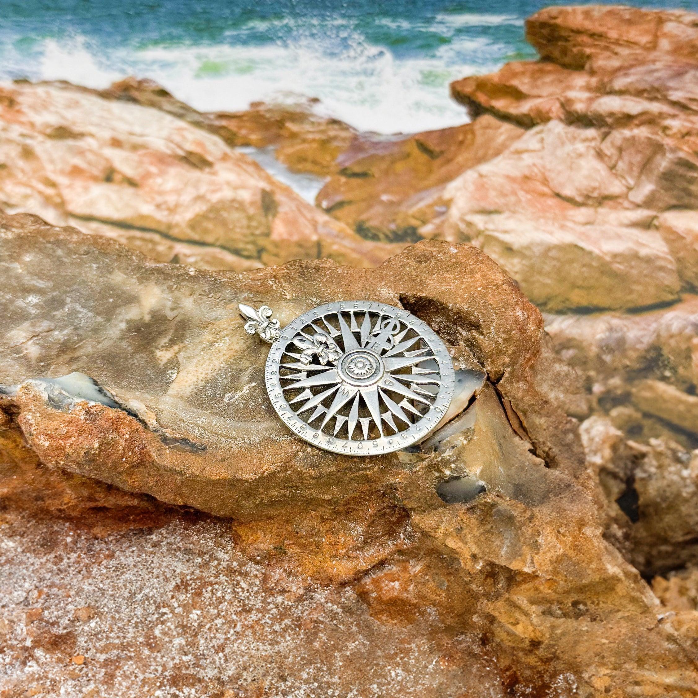Fleur de Lis Rose Compass Sterling Silver Pendant TP1118