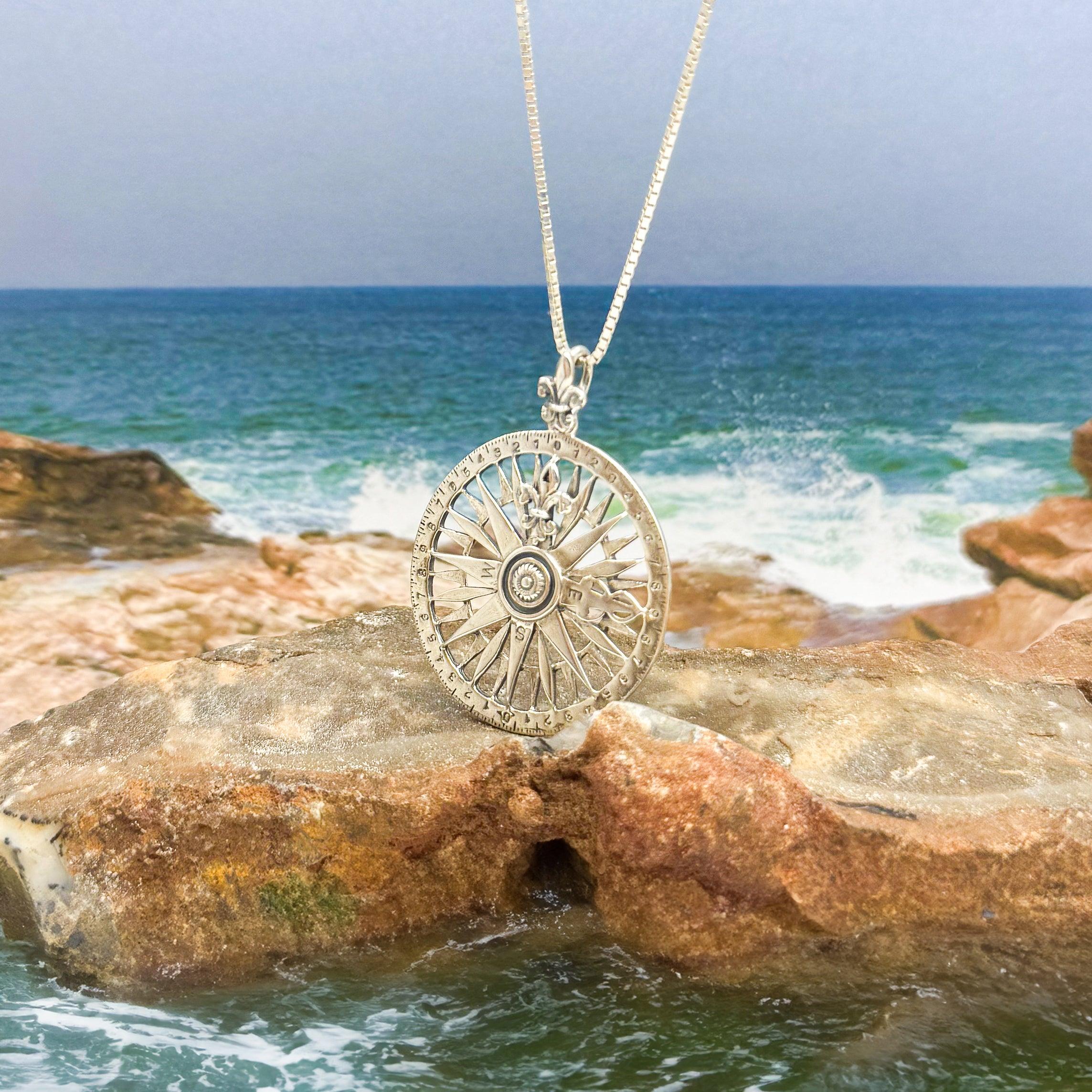 Fleur de Lis Rose Compass Sterling Silver Pendant TP1118