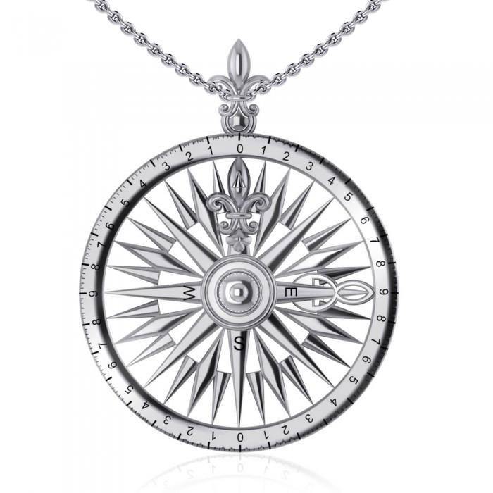 Fleur de Lis Rose Compass Sterling Silver Pendant TP1118