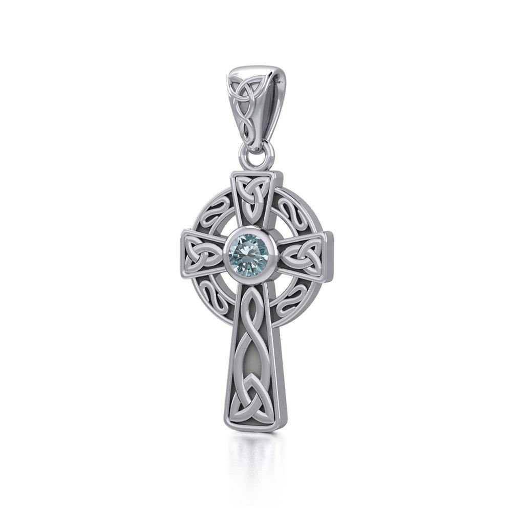 Celtic Knotwork Cross Sterling Silver Pendant with Gem TP1412 | Pendant | Wiccan Center