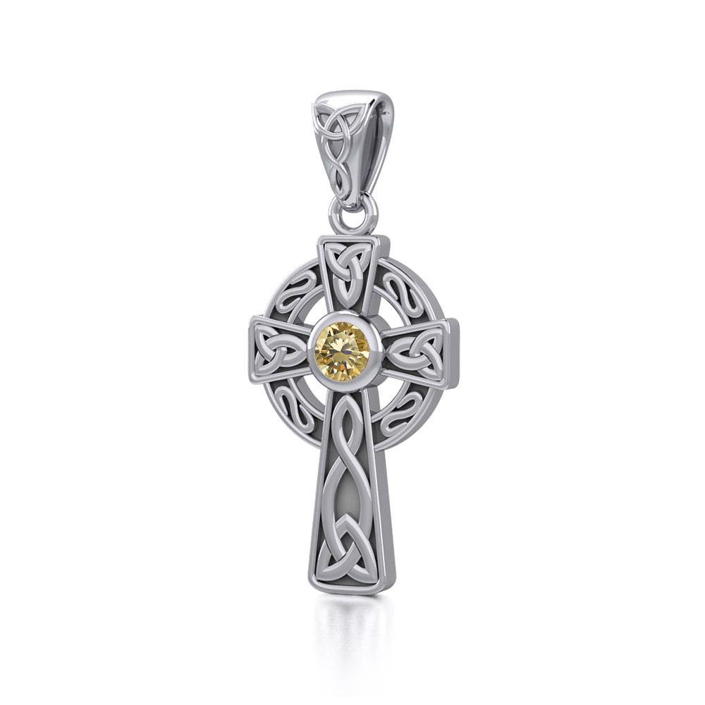 Celtic Knotwork Cross Sterling Silver Pendant with Gem TP1412 | Pendant | Wiccan Center