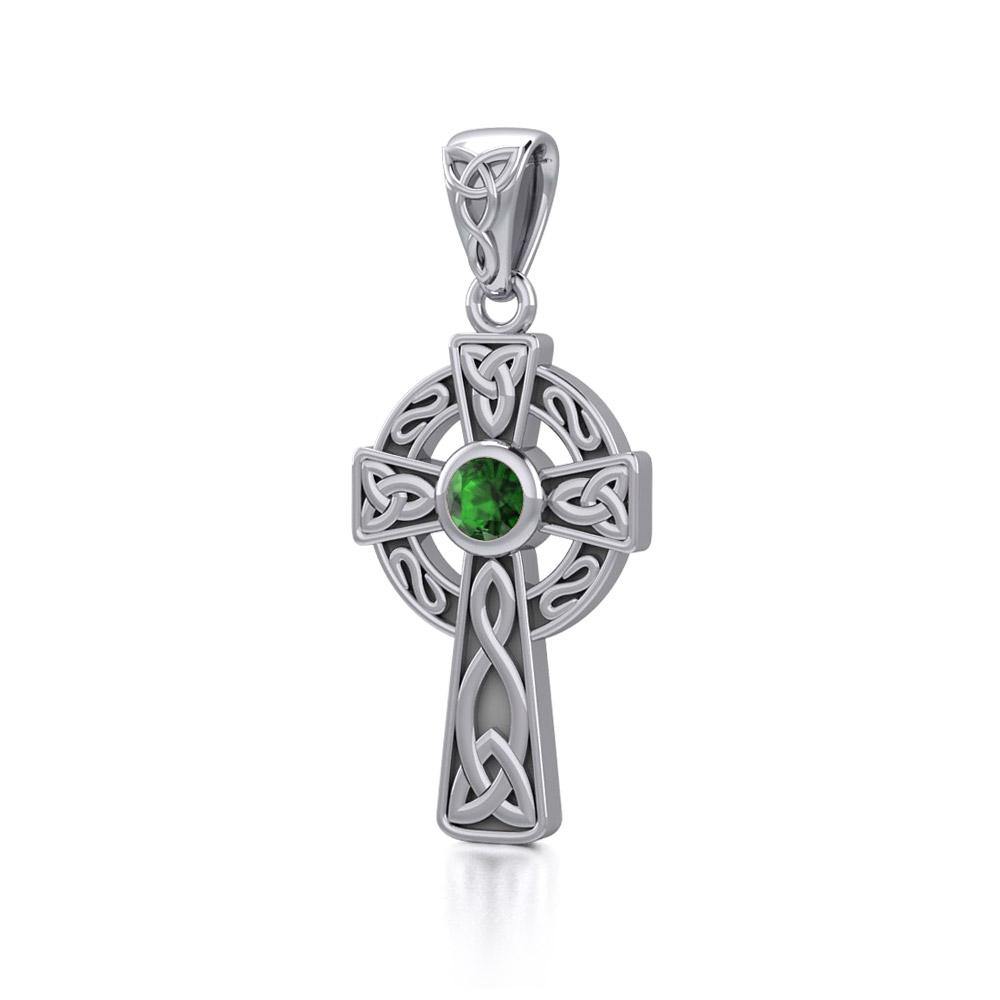Celtic Knotwork Cross Sterling Silver Pendant with Gem TP1412 | Pendant | Wiccan Center