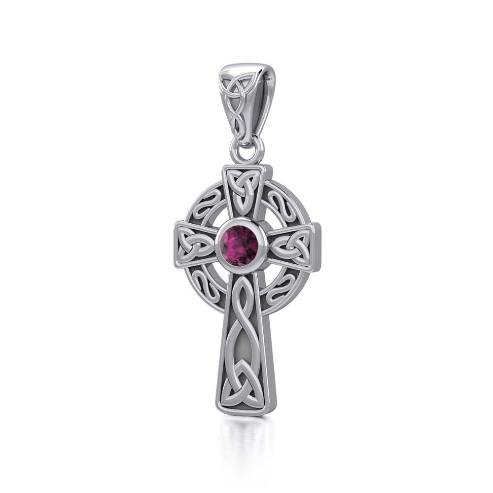 Celtic Knotwork Cross Sterling Silver Pendant with Gem TP1412 | Pendant | Wiccan Center