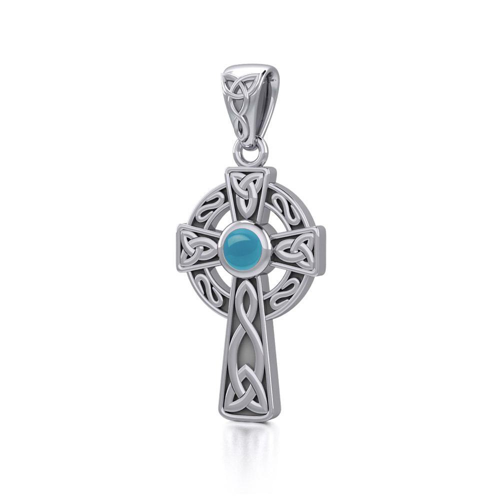 Celtic Knotwork Cross Sterling Silver Pendant with Gem TP1412 | Pendant | Wiccan Center
