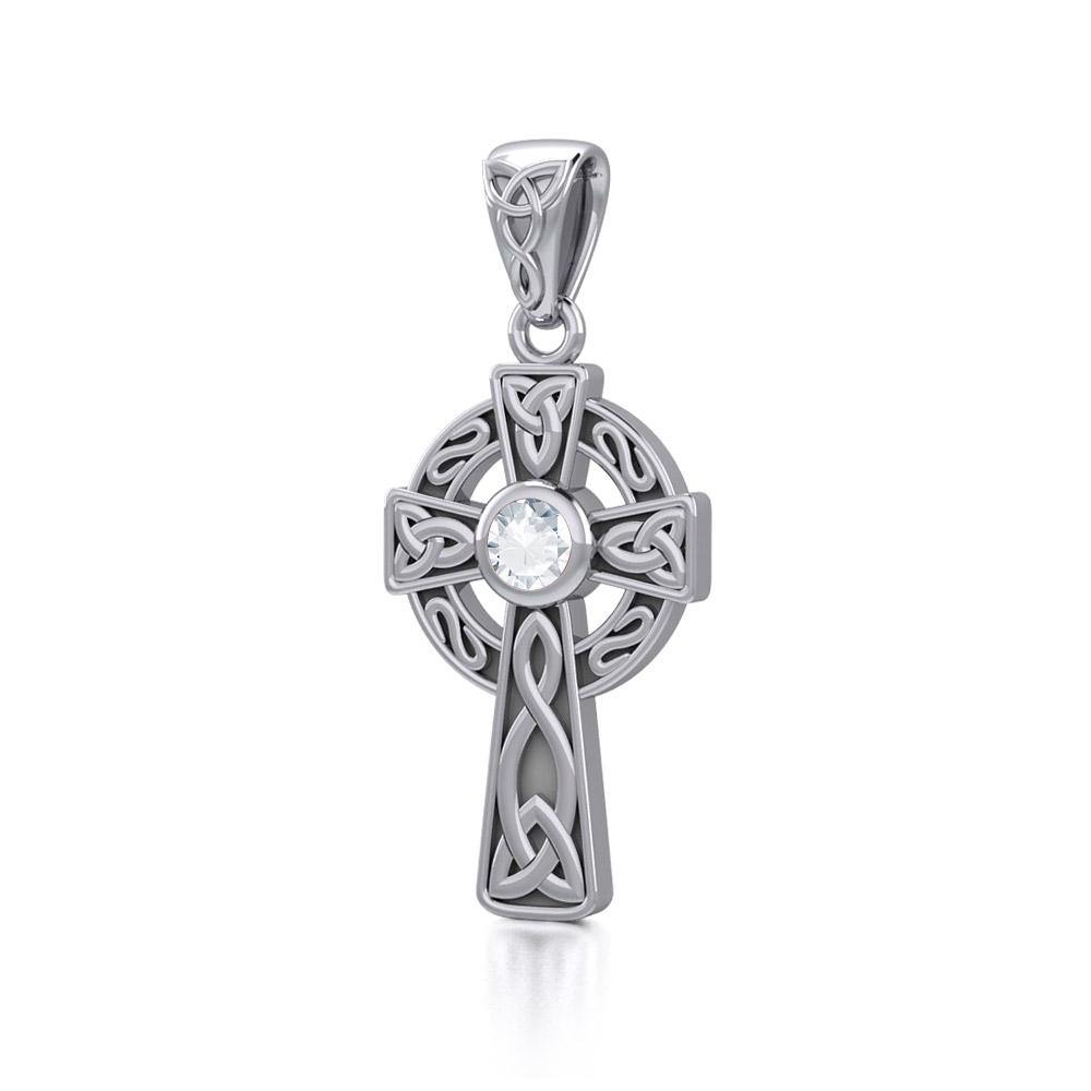 Celtic Knotwork Cross Sterling Silver Pendant with Gem TP1412 | Pendant | Wiccan Center
