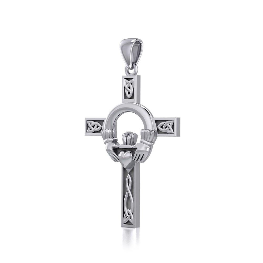 Claddagh on Celtic Knotwork Cross Sterling Silver Pendant TP832