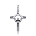 Claddagh on Celtic Knotwork Cross Sterling Silver Pendant TP832