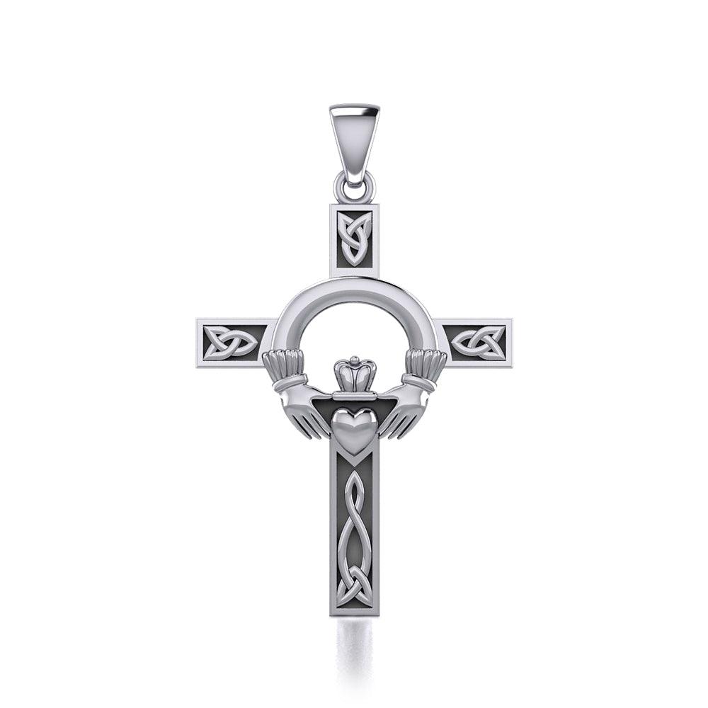 Claddagh on Celtic Knotwork Cross Sterling Silver Pendant TP832