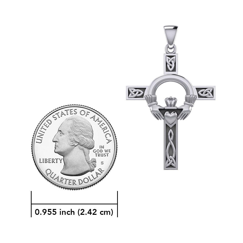 Claddagh on Celtic Knotwork Cross Sterling Silver Pendant TP832