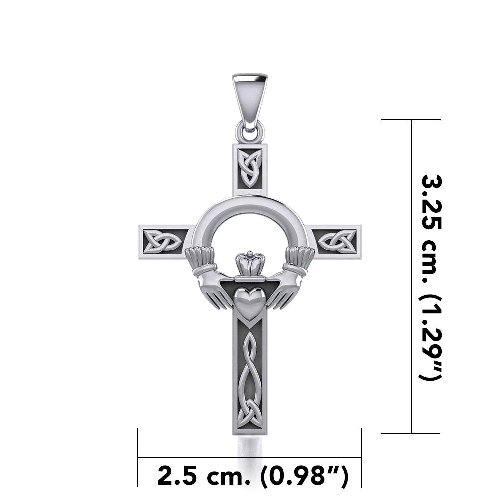 Claddagh on Celtic Knotwork Cross Sterling Silver Pendant TP832