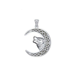 Wolf Head with Celtic Crescent Moon Silver Pendant TPD5552 | Pendant | Wiccan Center