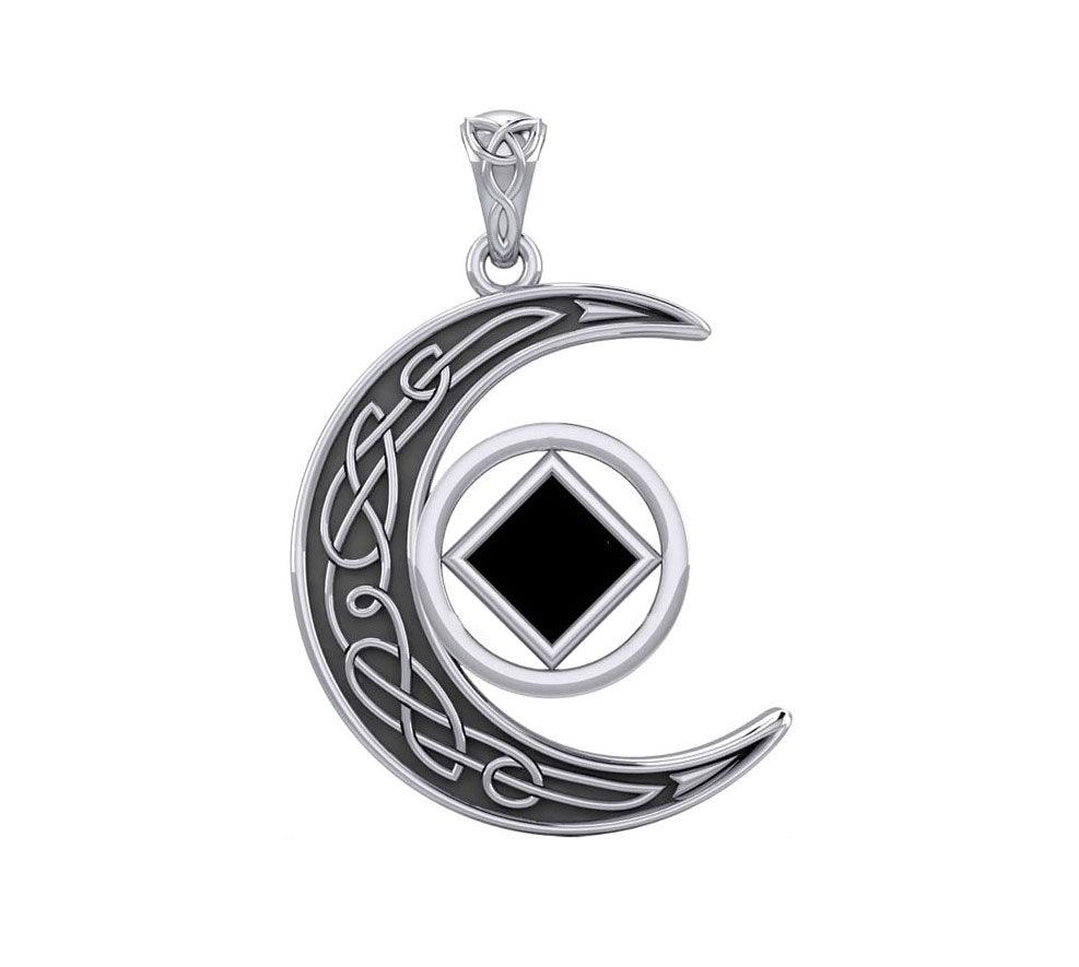 Celtic Crescent Moon Sterling Silver Pendant With NA Service Symbol Inlay Stone TPD5922