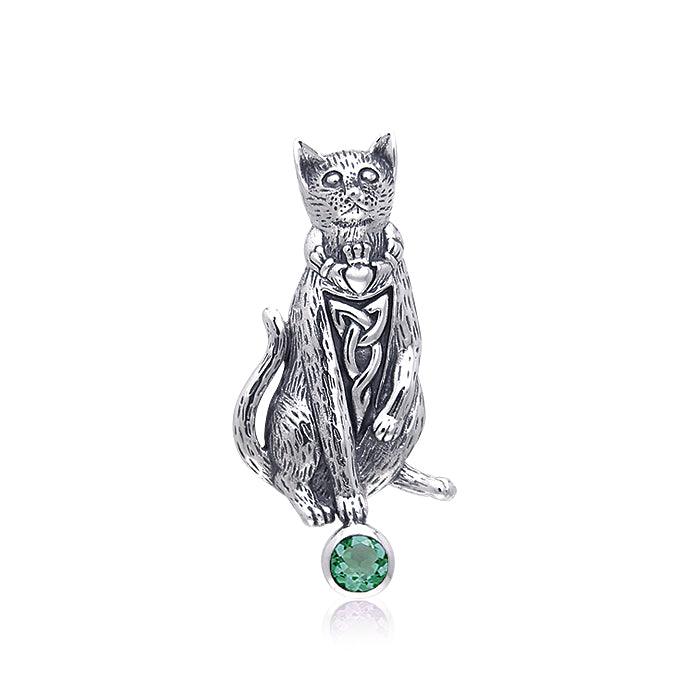 Celtic Knotwork Cat Sterling Silver Pendant with Gemstone TPD330