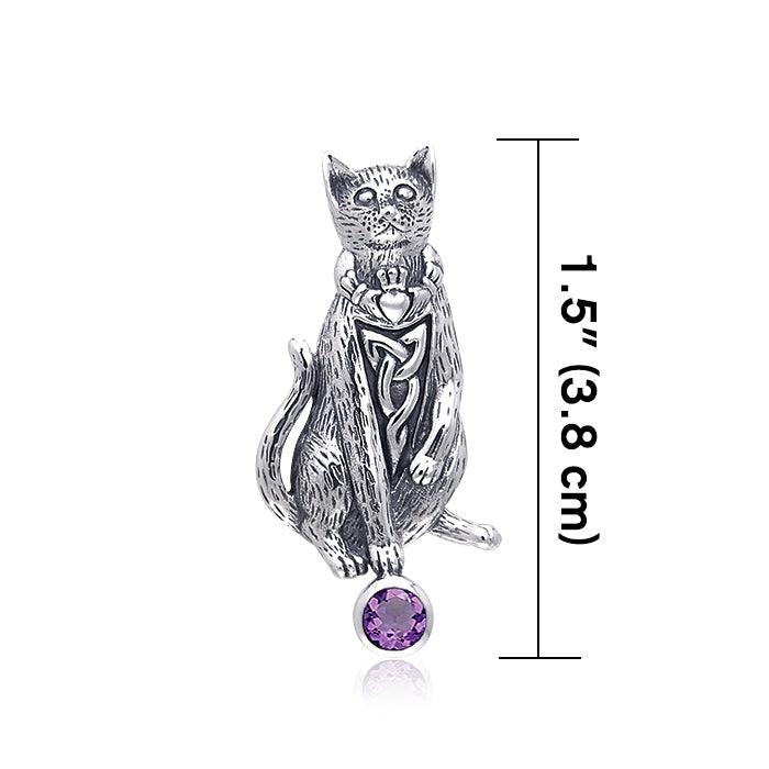 Celtic Knotwork Cat Sterling Silver Pendant with Gemstone TPD330