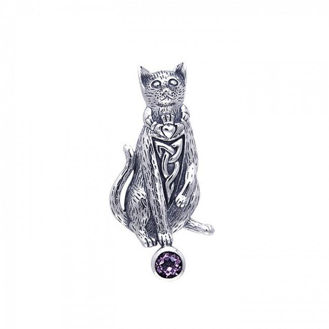 Celtic Knotwork Cat Sterling Silver Pendant with Gemstone TPD330