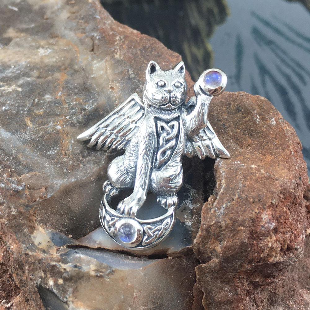 Celtic Cat Angel Moon Sterling Silver Pendant With Gem TPD342