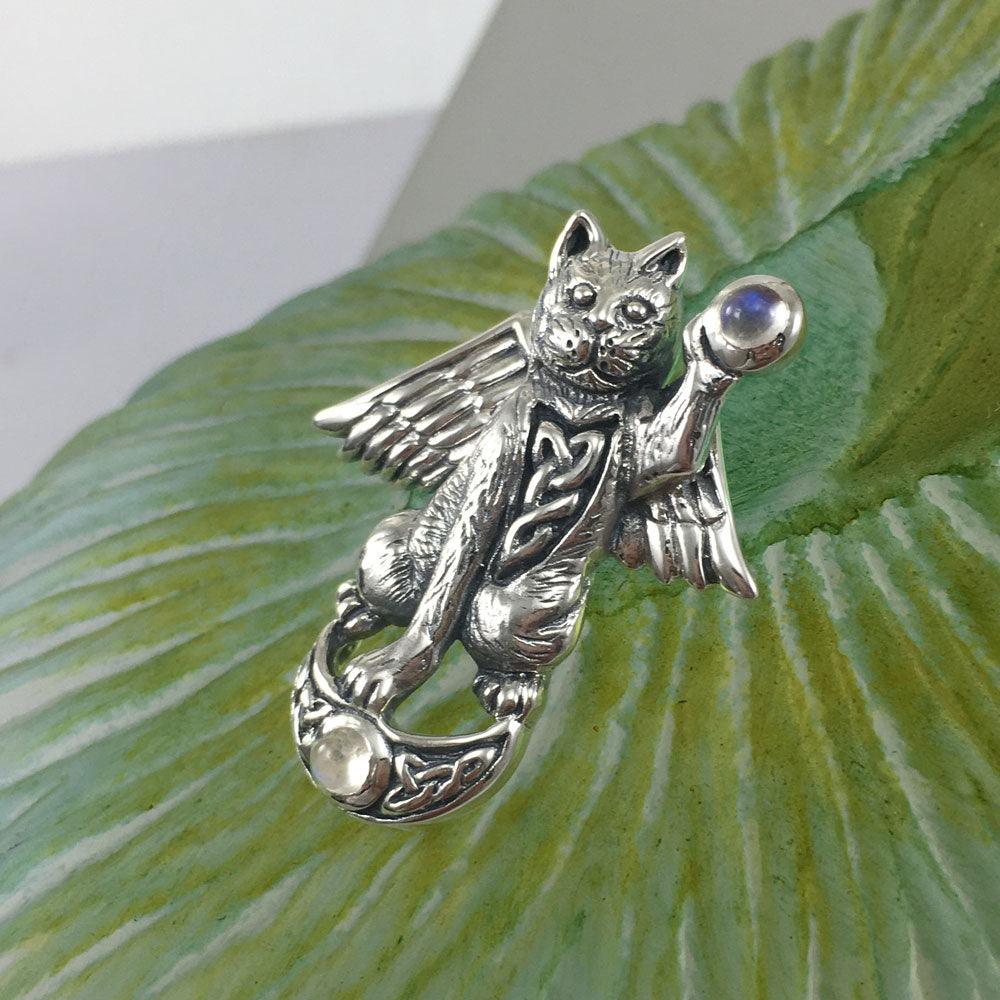 Celtic Cat Angel Moon Sterling Silver Pendant With Gem TPD342